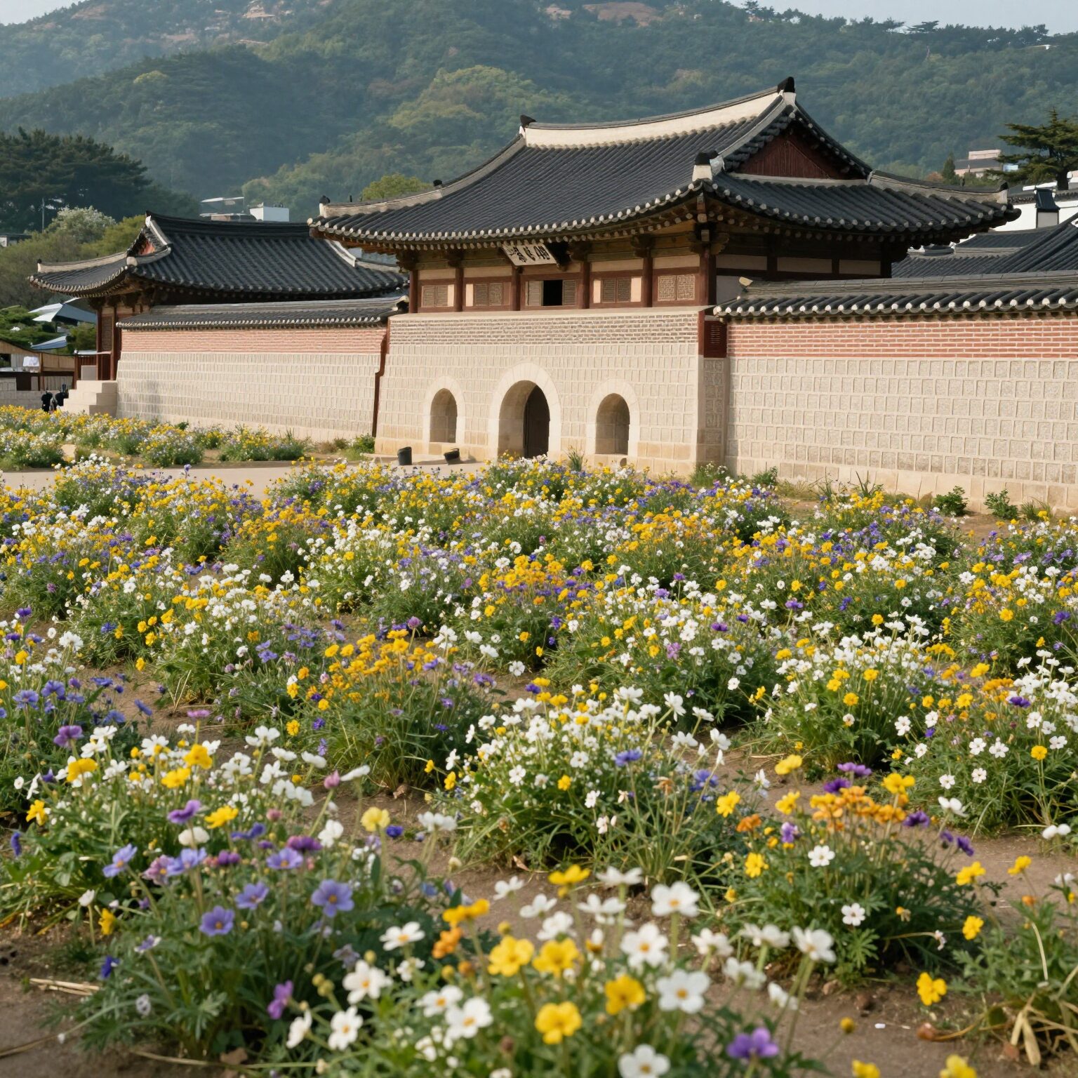 청도 읍성 작약꽃이 만개한 모습, 성곽과 어우러진 풍경