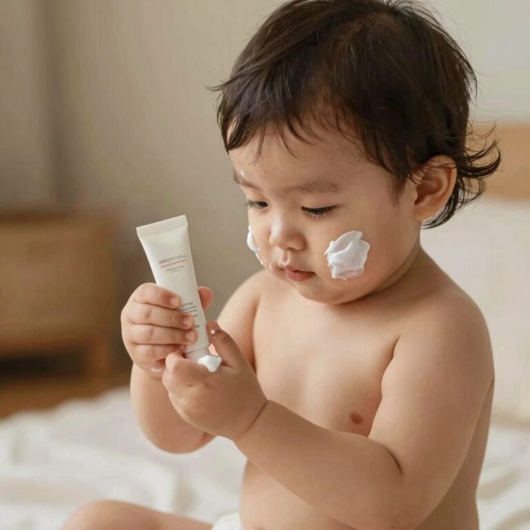 아이 팔에 유아 선크림을 바르는 모습