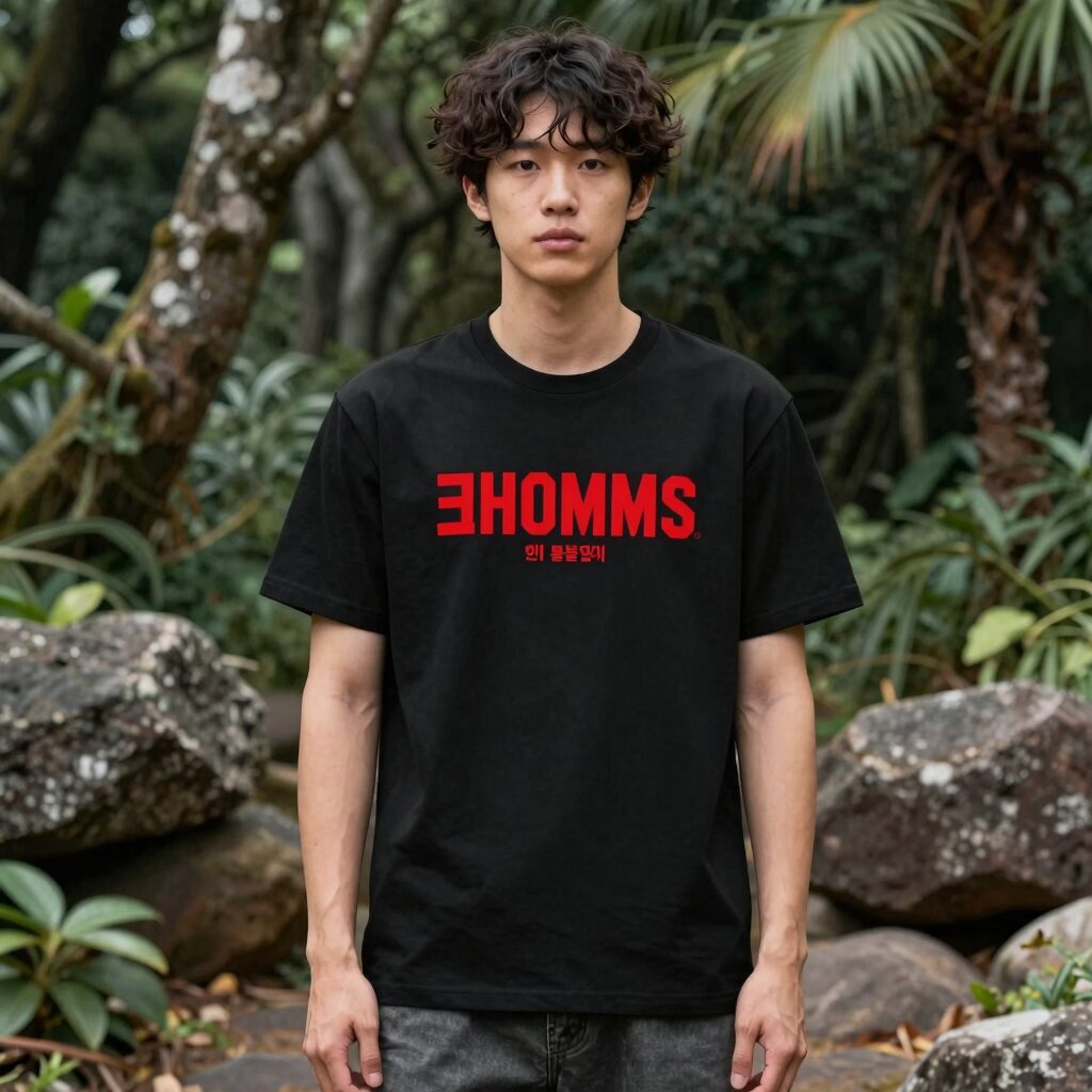 크롬하츠 호놀룰루 한정판 블랙레드 티셔츠 모델 착용샷