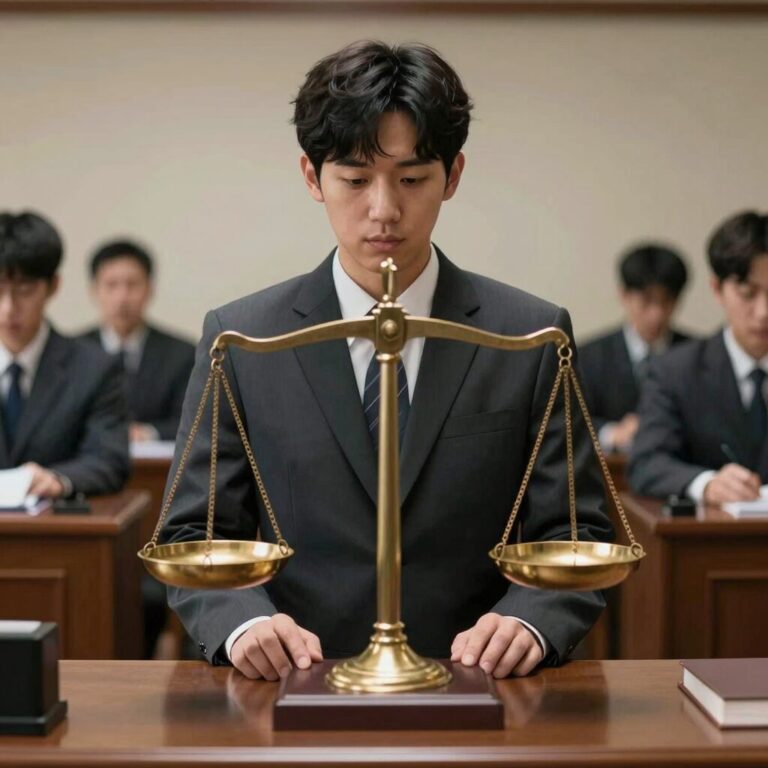 한국 사형제도 찬반 논쟁을 상징하는 법정과 저울 이미지