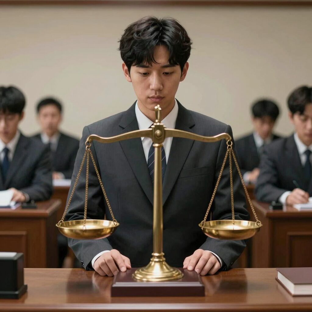 한국 사형제도 찬반 논쟁을 상징하는 법정과 저울 이미지