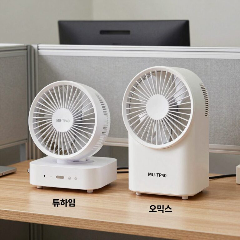 조용한 사무실 책상 위에 놓인 저소음 탁상용 선풍기 뮤하임 MU-TP40과 오믹스 서큘레이터 비교 사진