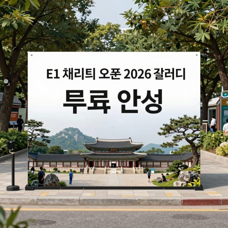 E1 채리티 오픈 2026 갤러리 입구 풍경과 무료 입장 안내판