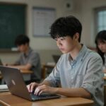 검정고시 합격자 발표일을 기다리며 노트북으로 교육청 사이트를 확인하고 있는 학생의 모습