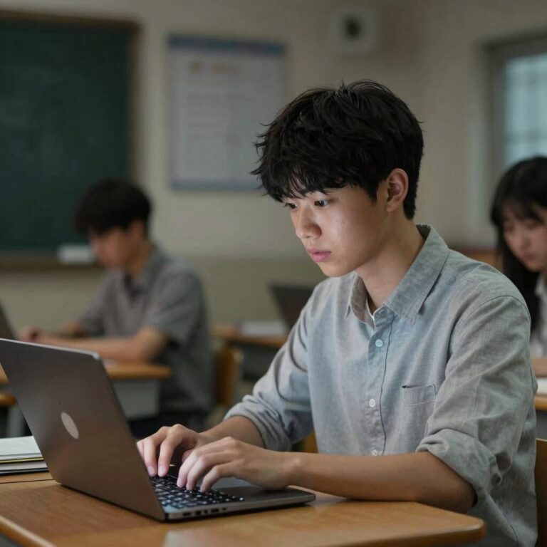 검정고시 합격자 발표일을 기다리며 노트북으로 교육청 사이트를 확인하고 있는 학생의 모습