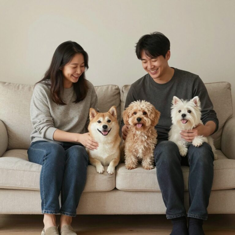 우리 가족과 반려견 코코가 함께 소파에 앉아 웃고 있는 사진