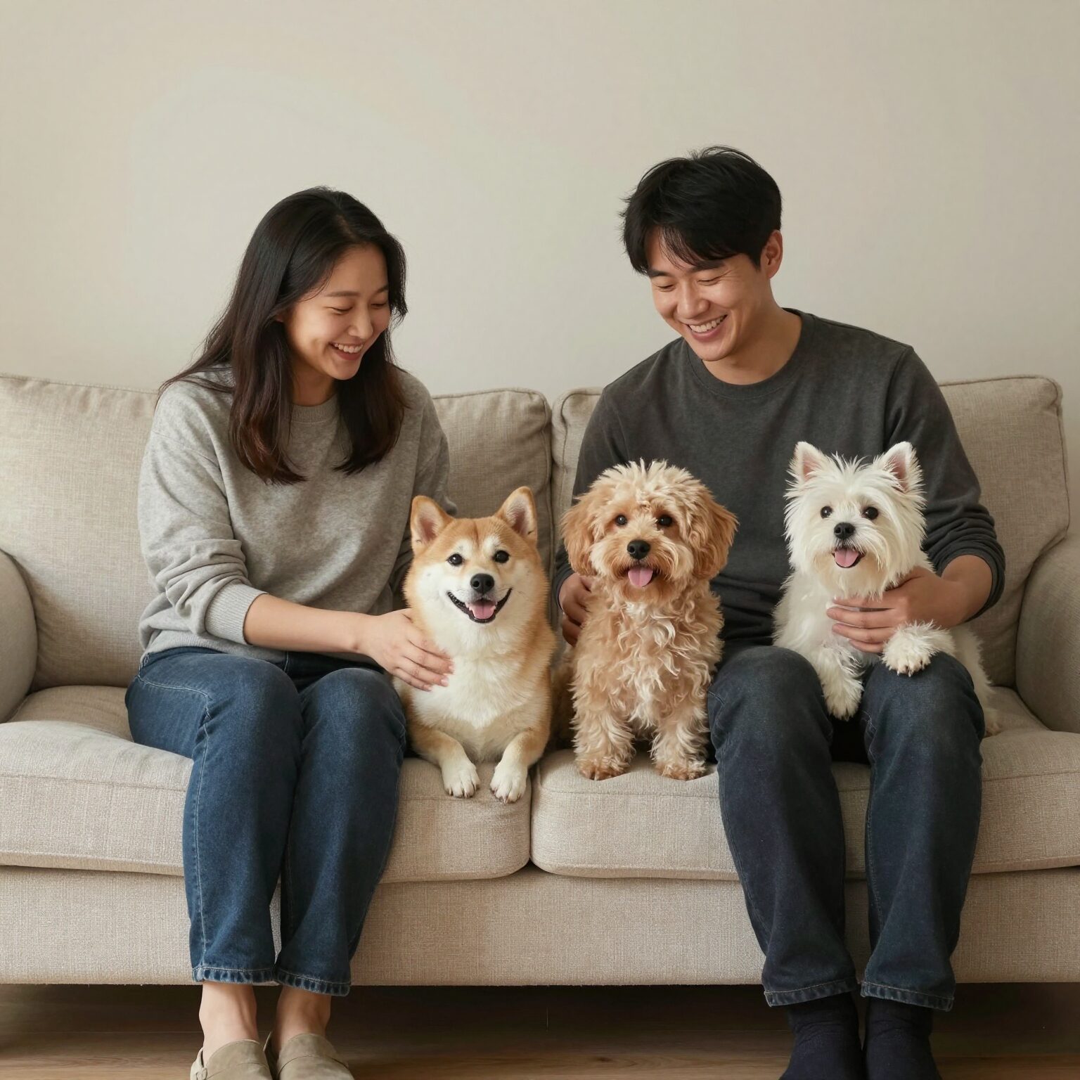 우리 가족과 반려견 코코가 함께 소파에 앉아 웃고 있는 사진