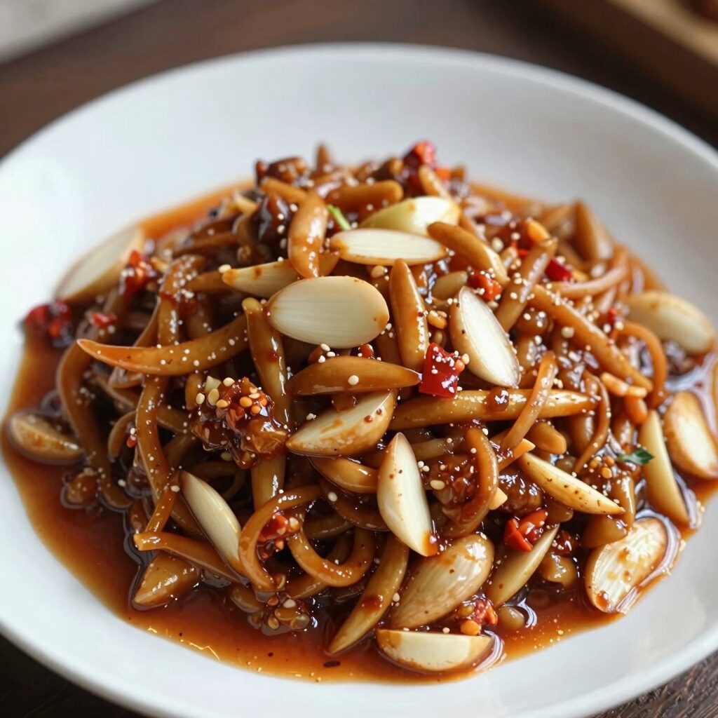 간장에 조려진 마늘종 부드러운 식감의 완성된 마늘종 간장볶음