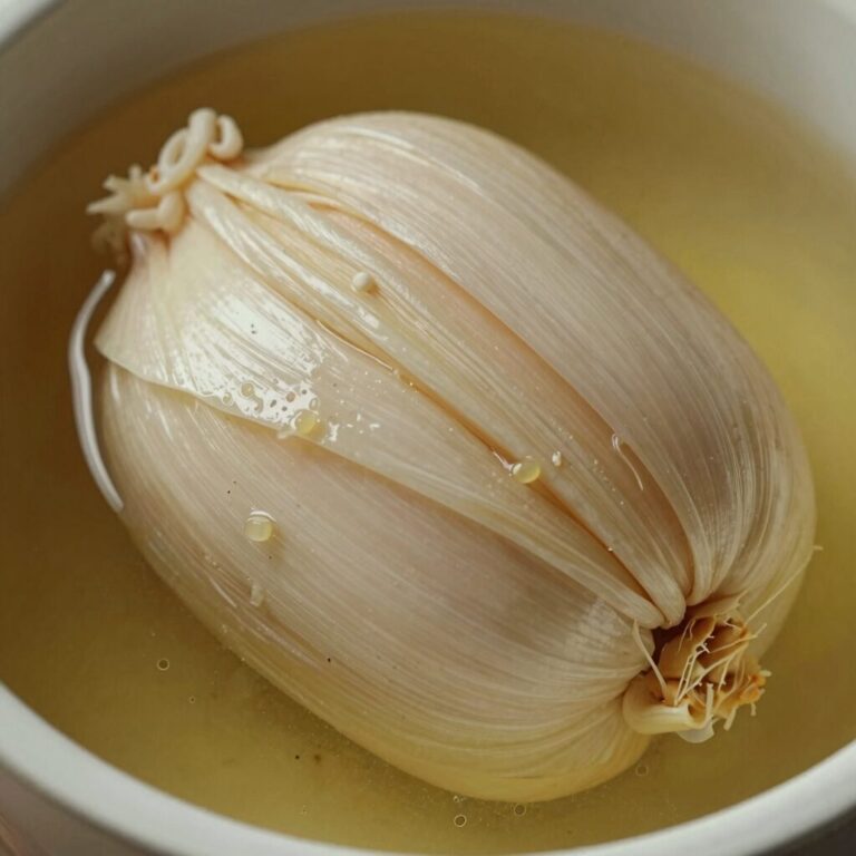 숙성된 통마늘장아찌가 반으로 갈라져 국물에 잠긴 모습, 짭짤하고 달콤한 색감