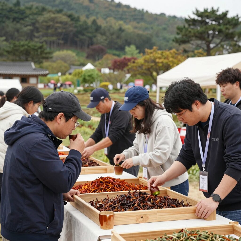 하동야생차문화축제 차밭 풍경과 방문객들이 체험 부스에서 차를 시음하는 모습