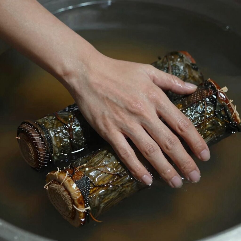 데친 잔대순을 찬물에 헹구고 물기를 짠 모습