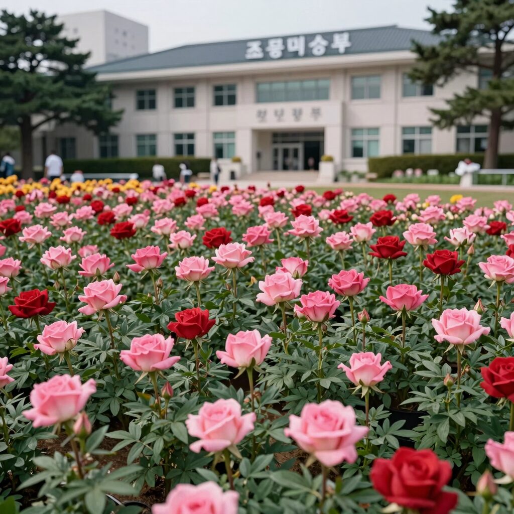 조선대학교 장미원 전경, 활짝 핀 분홍색과 빨간색 장미들이 캠퍼스를 가득 채우고 있다.
