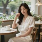 여름 린넨 세트 스타일링 꿀팁 여성 린넨 세트를 입고 카페에서 포즈를 취한 모습, 화사한 여름 분위기