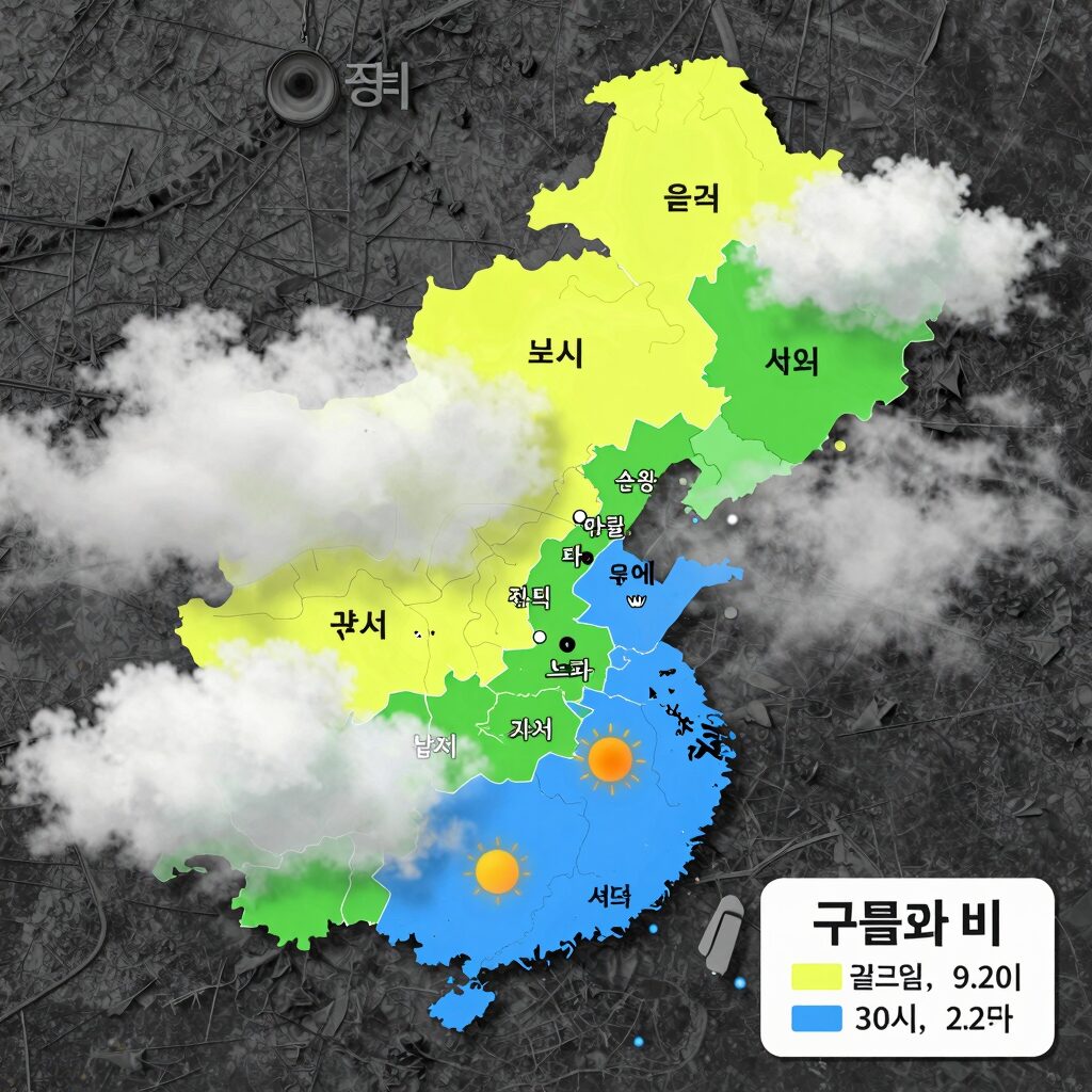 5월23일 전국 날씨 지도 구름과 비 지역 표시