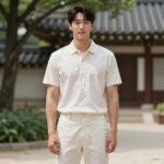 가벼운 여름 정장 세트를 입은 남성의 모습, 통기성 좋은 원단으로 제작되어 더운 날씨에도 쾌적함을 강조