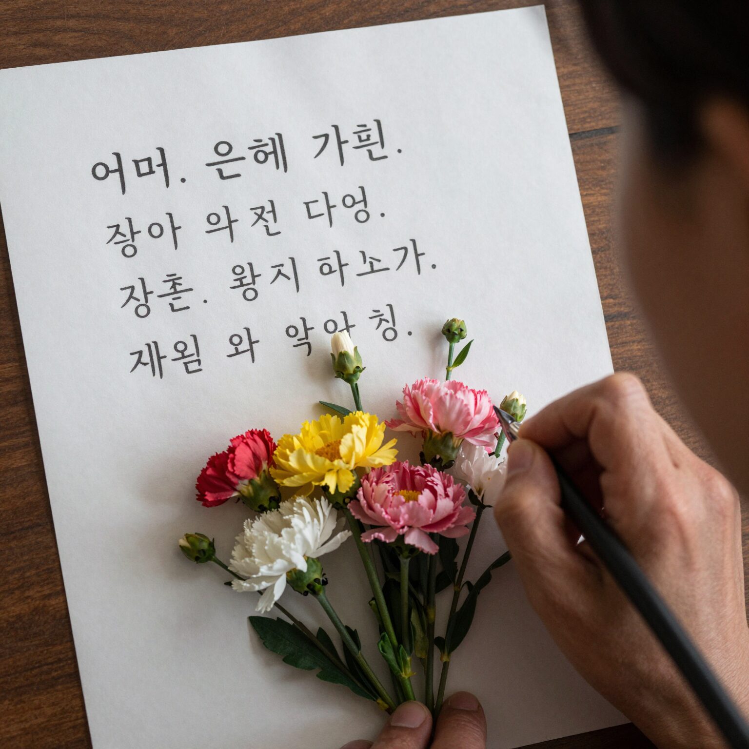 어머님 은혜 가사가 적힌 종이와 카네이션