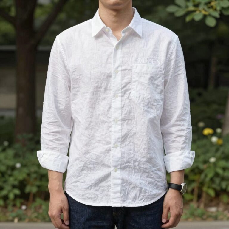 OLZEN 린넨 블렌드 남방 셔츠 베이직 화이트 컬러 착용 모습