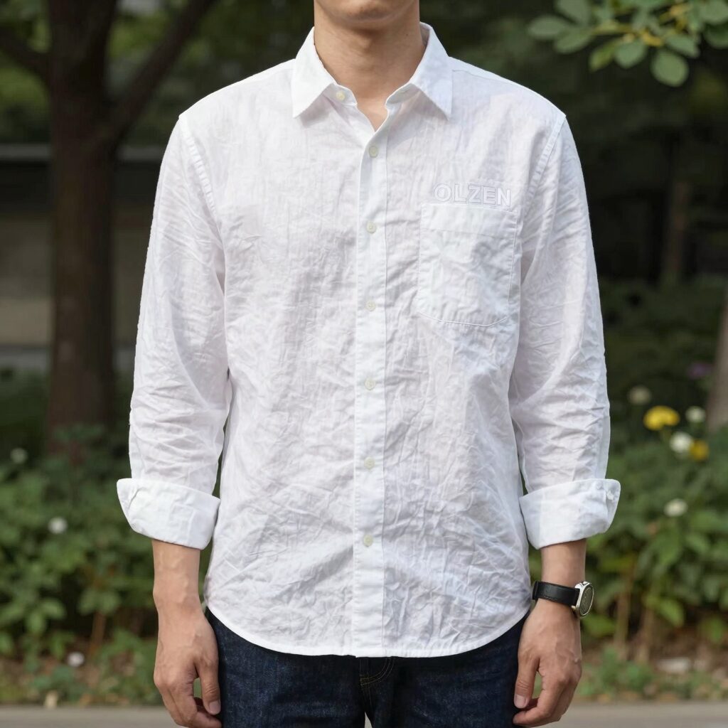 OLZEN 린넨 블렌드 남방 셔츠 베이직 화이트 컬러 착용 모습