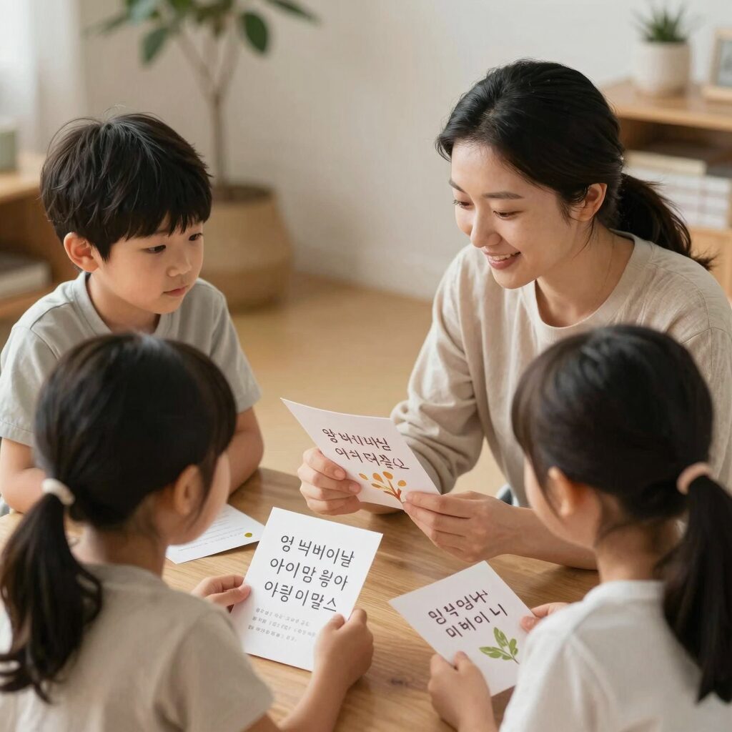 어린이와 엄마가 어버이날 영어 카드를 함께 보며 대화하는 모습