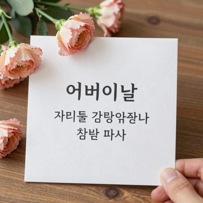어버이날 감동 문구를 테이블 위에 놓고 찍은 사진, 카네이션과 편지가 함께 있는 모습