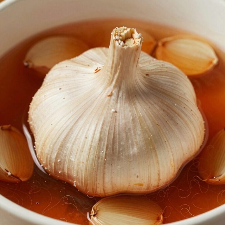 완성된 마늘종 삭힌 모습, 국물에 절여진 마늘종이 아삭하고 빨갛게 보인다