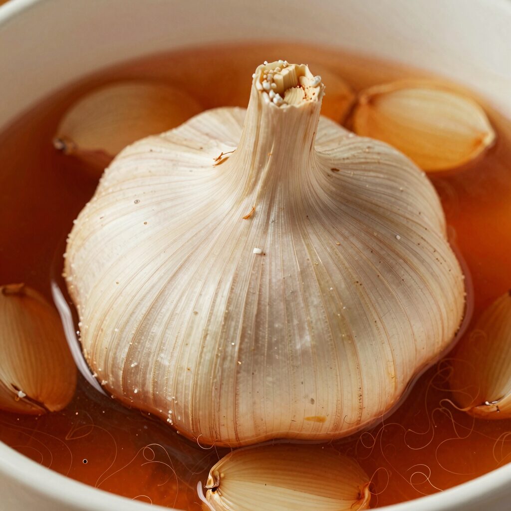 완성된 마늘종 삭힌 모습, 국물에 절여진 마늘종이 아삭하고 빨갛게 보인다