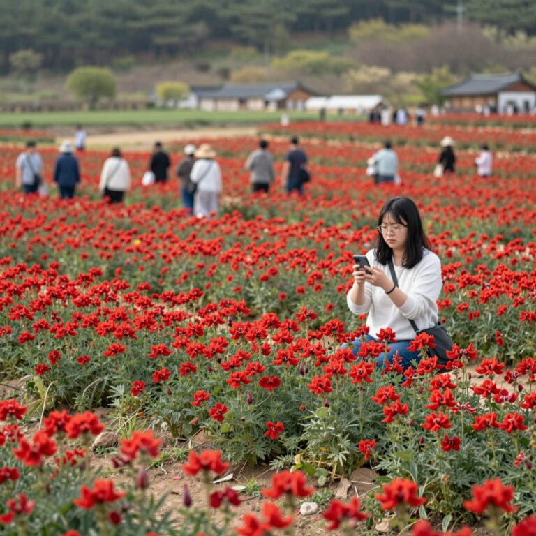 하동 북천 꽃양귀비 축제 붉은 꽃밭 전경