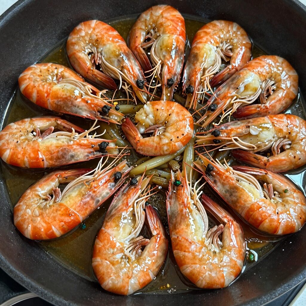 완성된 새우 마늘쫑볶음 접시에 담긴 모습, 윤기 나고 통깨가 뿌려져 있음