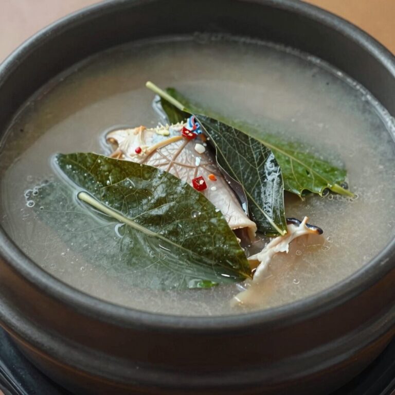데친 산호자잎과 멸치젓국이 함께 담긴 상차림 사진