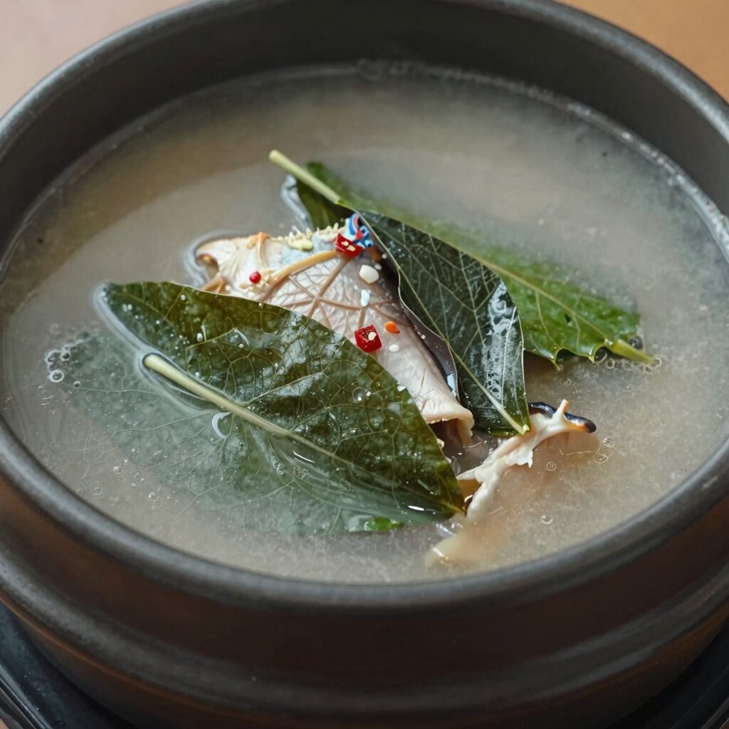 데친 산호자잎과 멸치젓국이 함께 담긴 상차림 사진