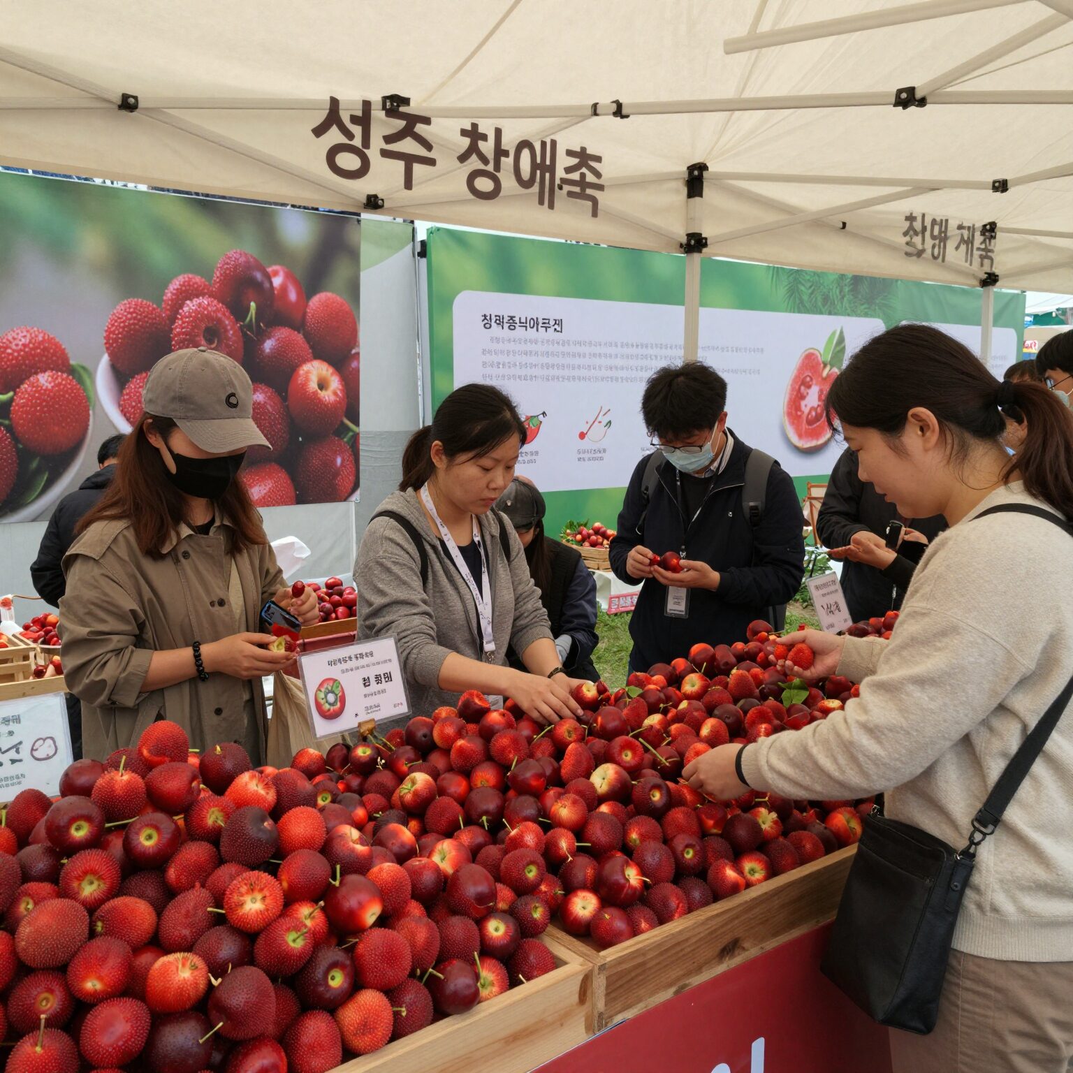 성주 참외축제 참외 시식 부스에서 참외를 고르는 방문객들의 모습