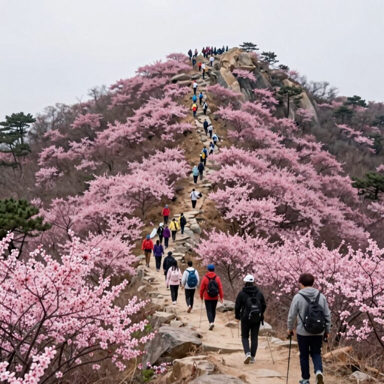 소백산 비로봉 능선에 만개한 연분홍 철쭉 군락과 등산객들이 걷는 모습