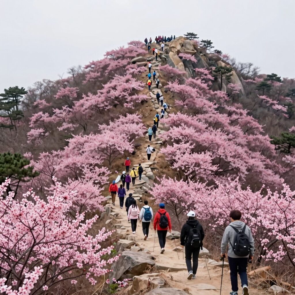 소백산 비로봉 능선에 만개한 연분홍 철쭉 군락과 등산객들이 걷는 모습