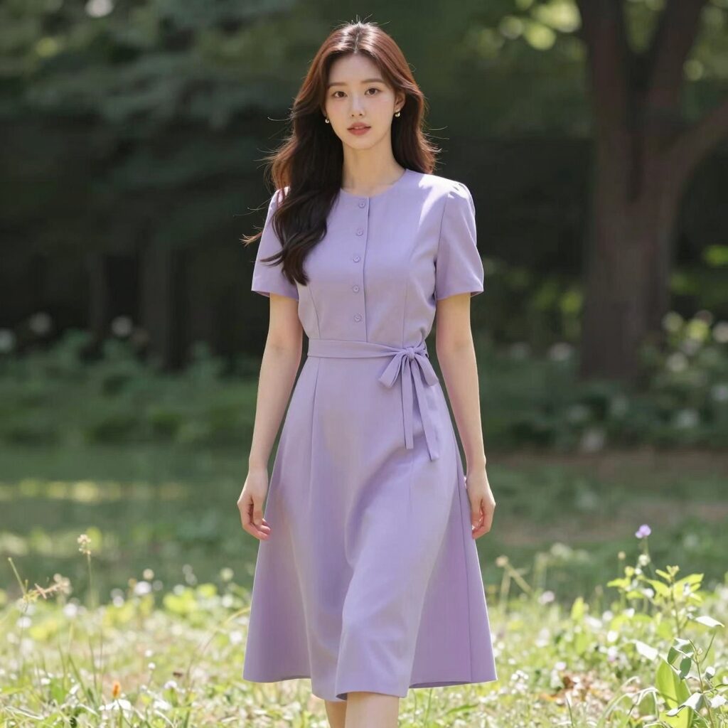 여름 하객 원피스 라벤더 퍼플 미디 A라인 스타일 여성 패션