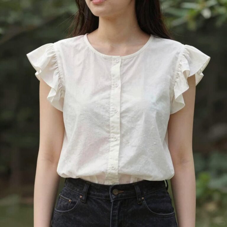 여름 반팔 블라우스 프릴 퍼프 디테일 스타일링
