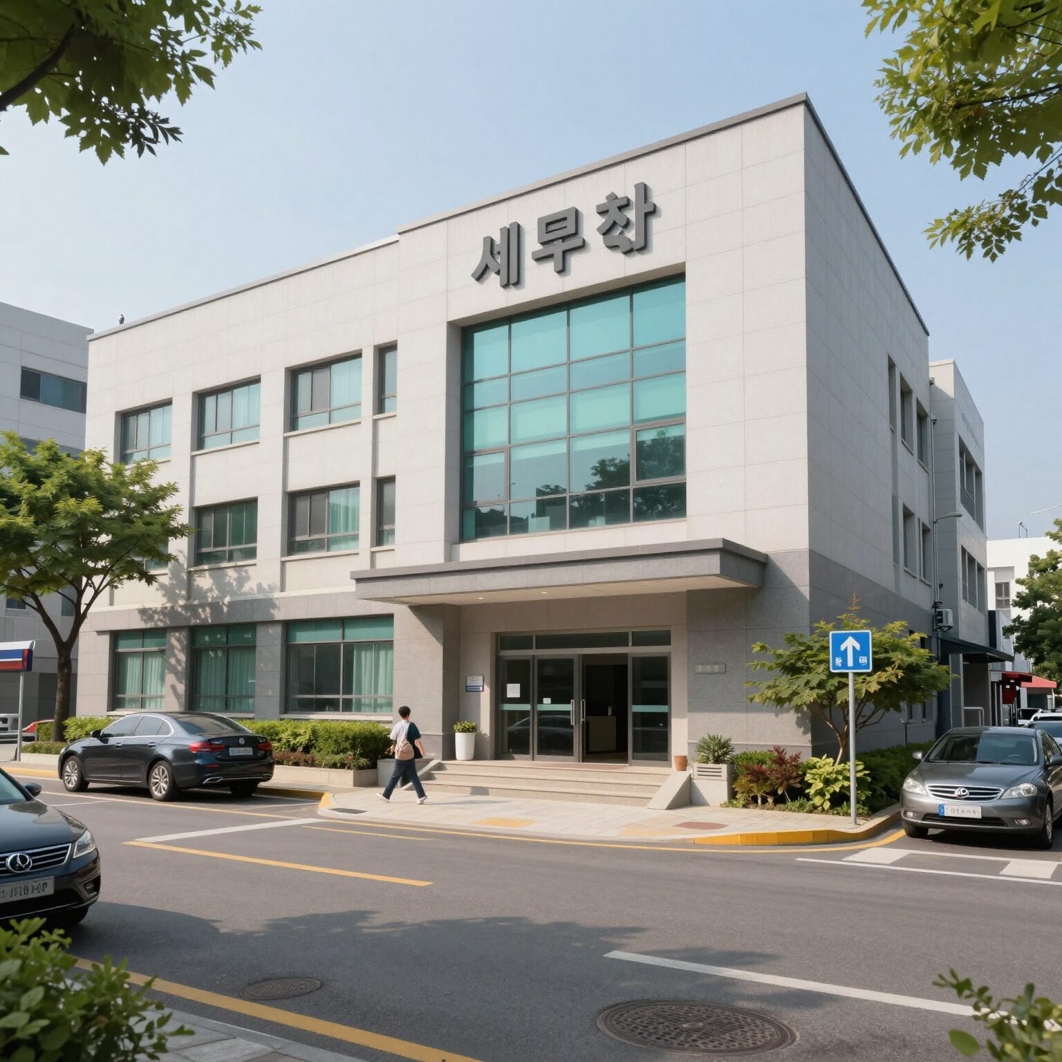 수원 세무서 건물 외관과 주변 도로 모습