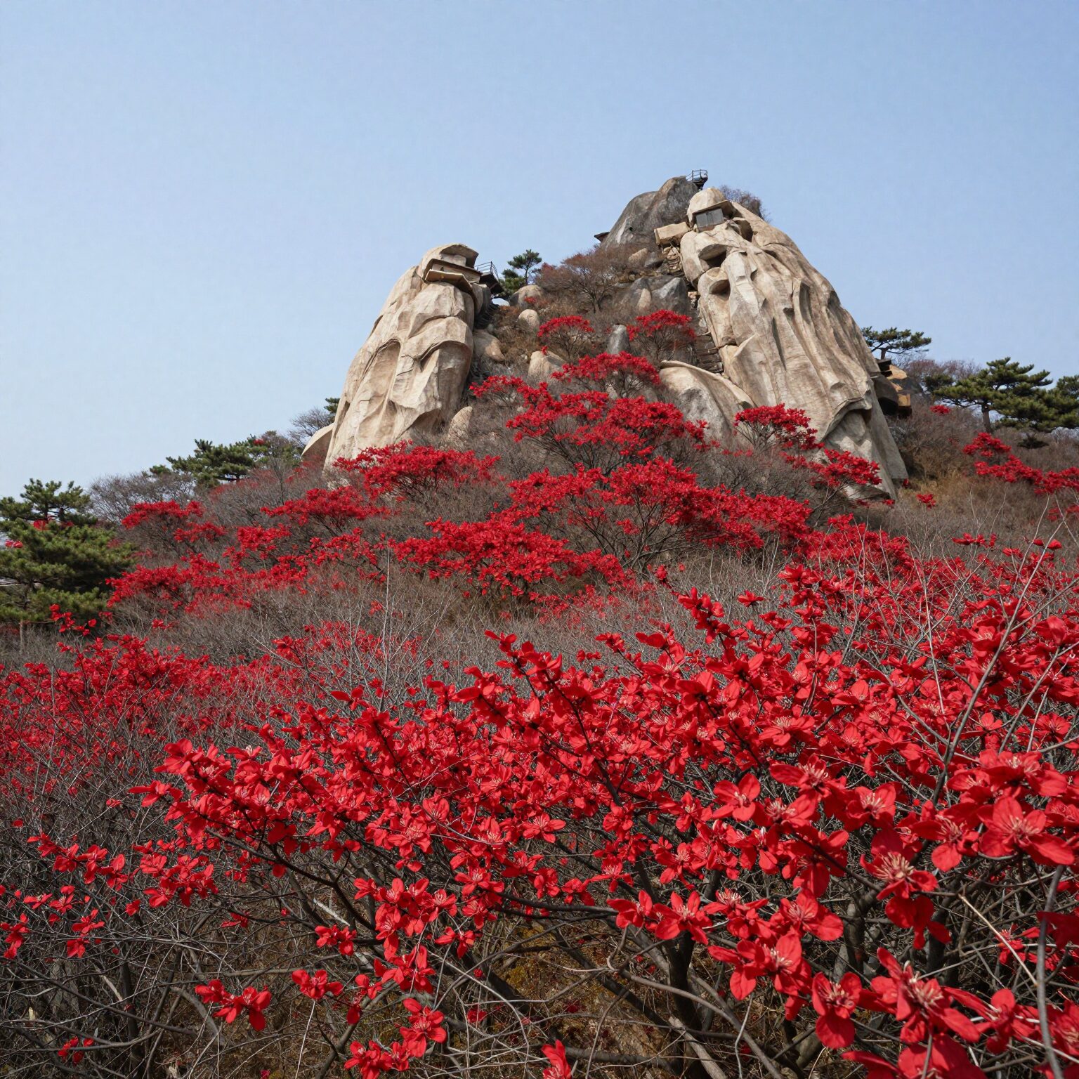 태백산 장군봉 철쭉 군락지 전경 붉은 꽃 능선 하늘