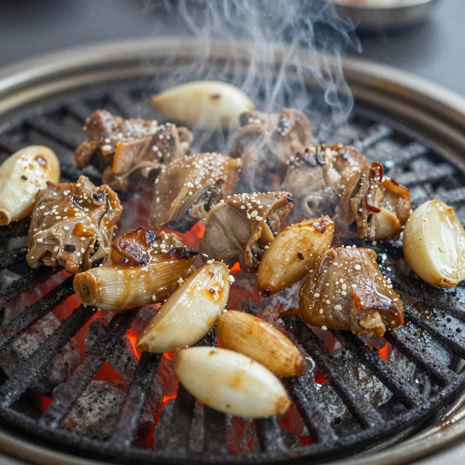 의성 마늘소 덕향의 대표 메뉴인 마늘소 구이가 숯불 위에서 익어가는 모습. 육즙이 맺히고 마늘 조각이 노릇하게 구워져 있다.