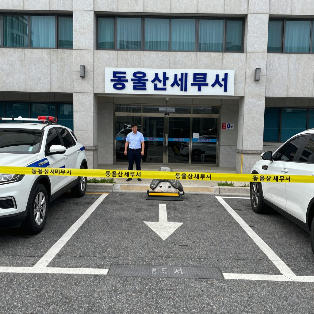 동울산세무서 앞 분신 시도 현장 사진. 인근 주차장과 건물 외관이 보이며, 사건 발생 후 경찰 통제선이 설치되어 있다.