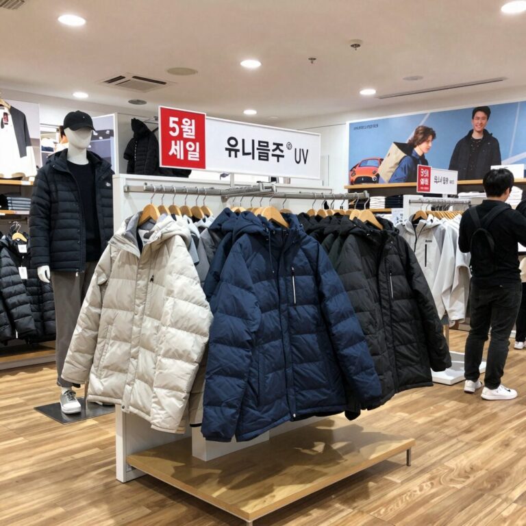 유니클로 5월 세일 추천 아이템인 에어리즘과 UV 파카가 진열된 매장 풍경