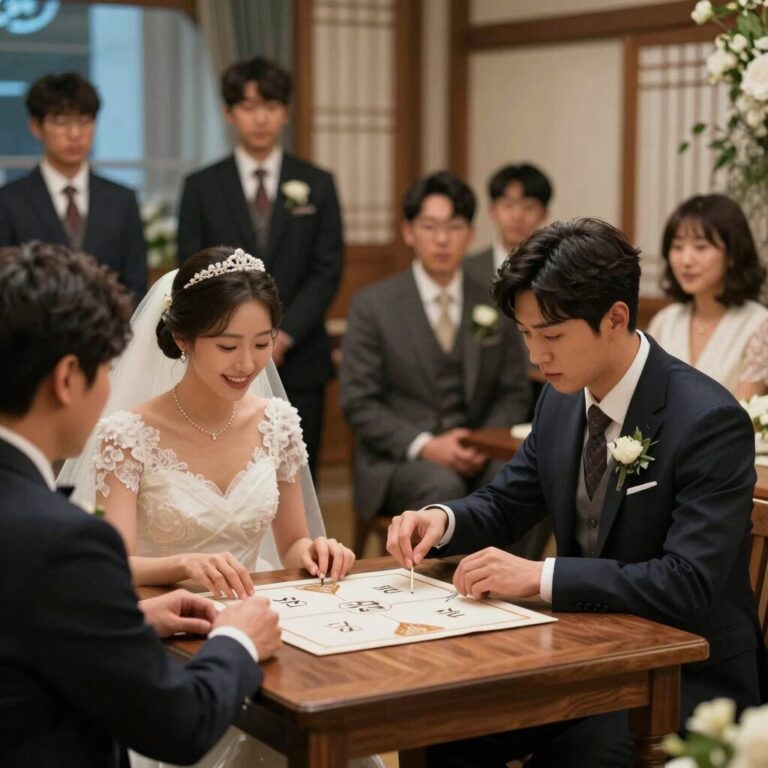 결혼식에서 신랑 신부가 하객과 함께 게임하는 모습