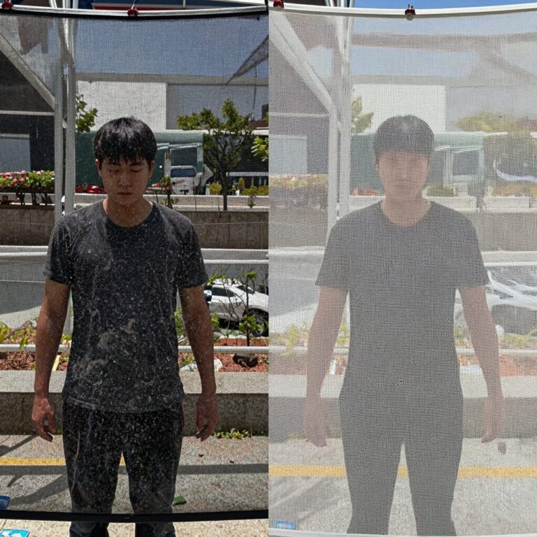방충망 청소 전 후 사진 비교. 왼쪽은 먼지가 가득한 상태, 오른쪽은 깨끗해진 상태
