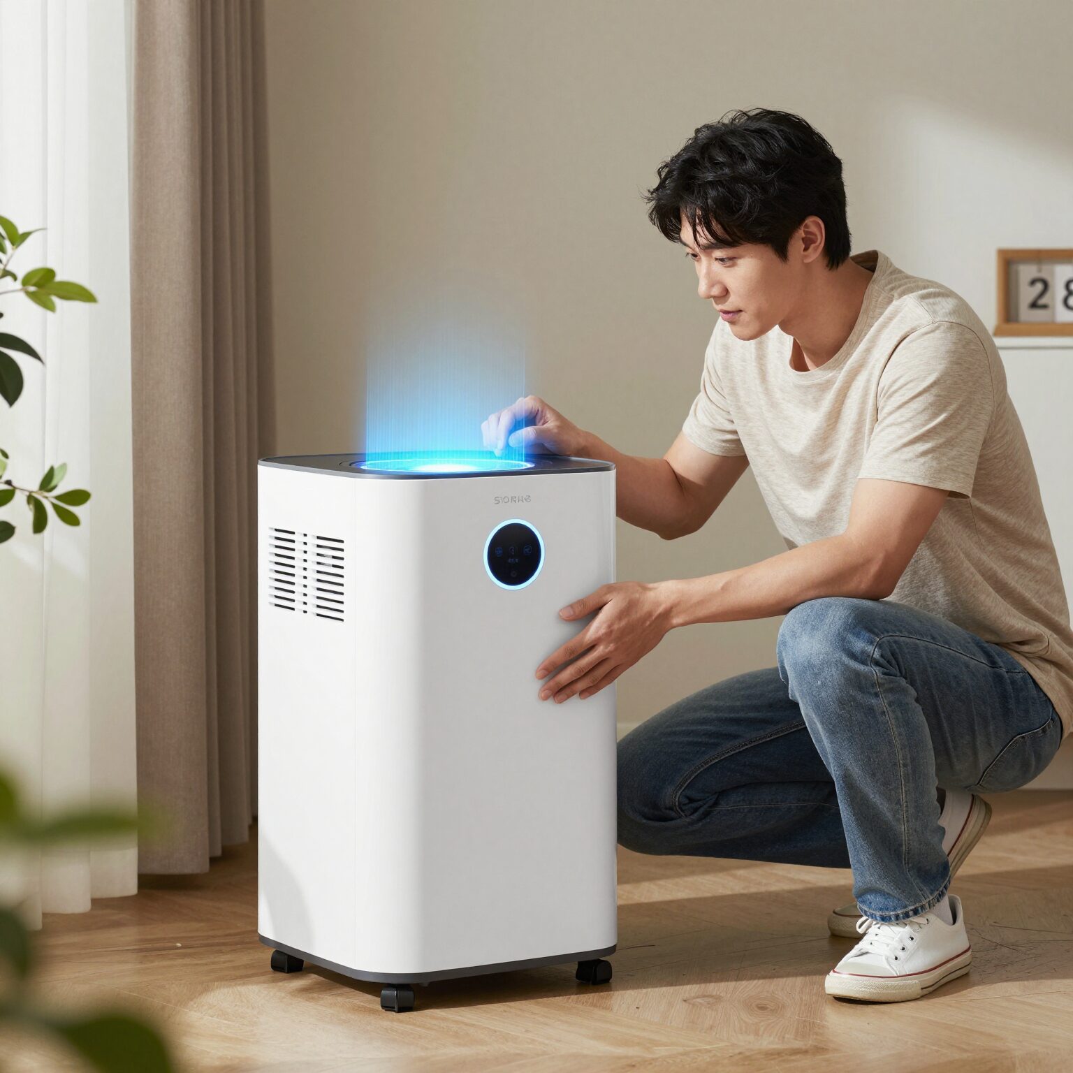 2026년 장마철 제습기 사용으로 실내 습도 관리하는 모습