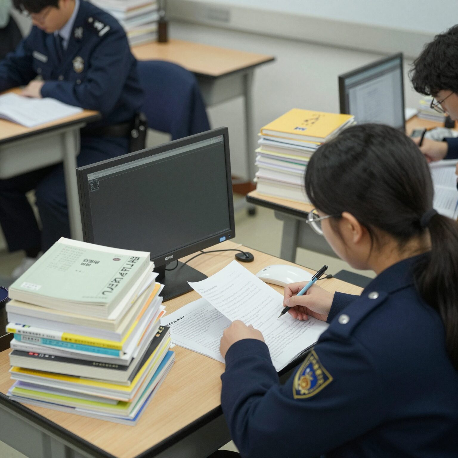 28기 순경 시험 준비 책상 위 교재와 노트, 경찰 시험 공부 모습