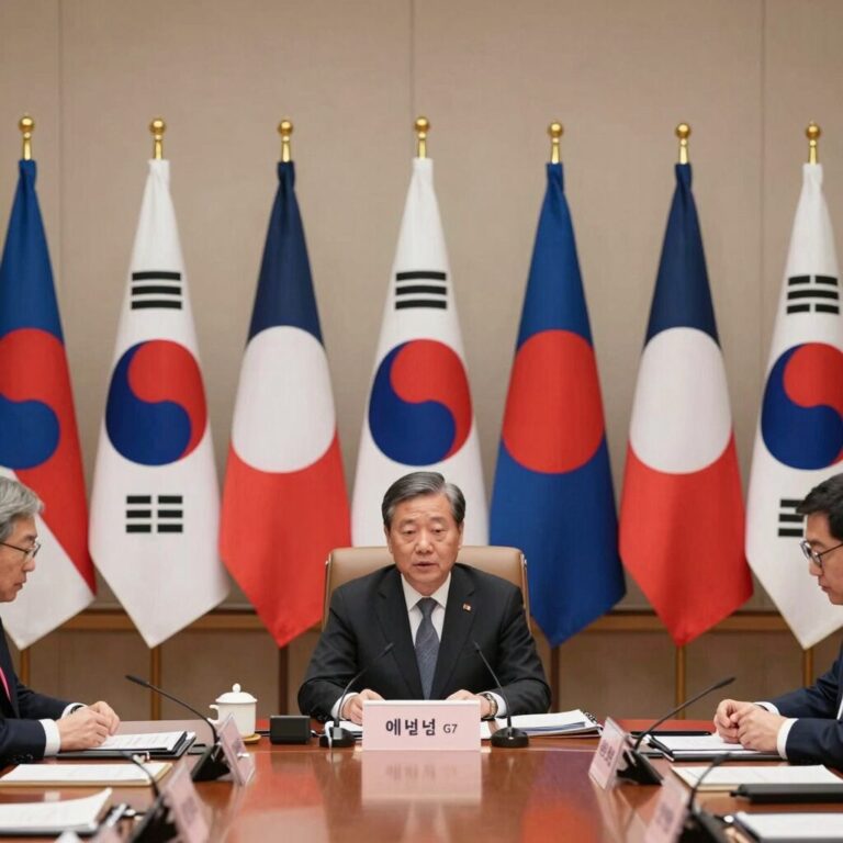 2026년 프랑스 에비앙 G7 정상회의 장면, 일곱 개국 국기와 회의 테이블