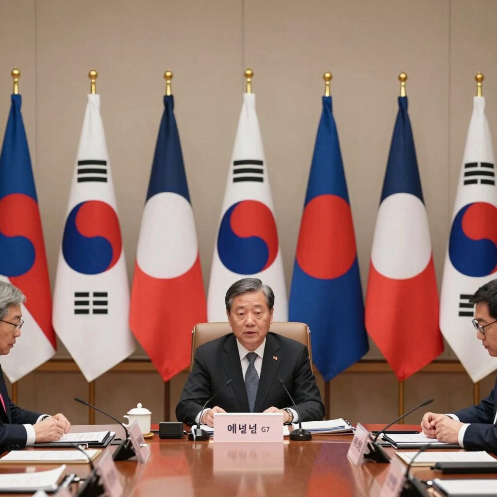 2026년 프랑스 에비앙 G7 정상회의 장면, 일곱 개국 국기와 회의 테이블