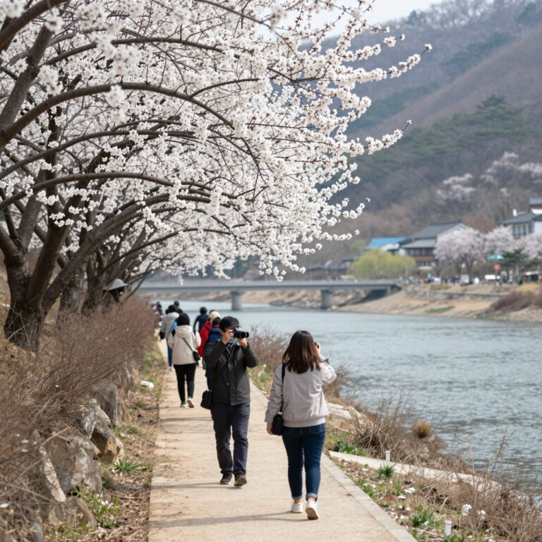 청매실농원에서 바라본 섬진강과 하얀 매화꽃이 어우러진 풍경. 방문객들이 산책로를 따라 걸으며 사진을 찍고 있다.