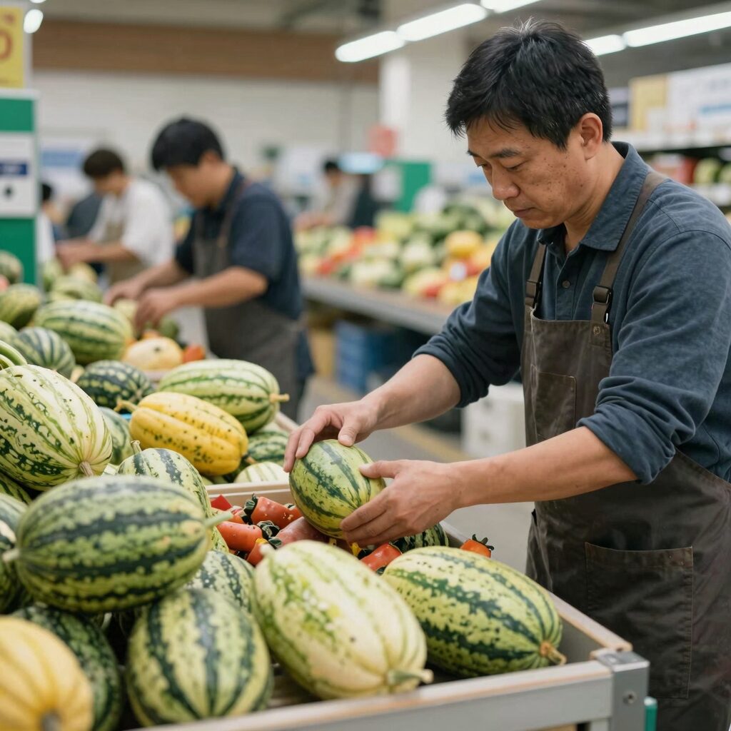 맹동수박 농협유통센터에서 갓 수확한 수박을 선별하는 모습