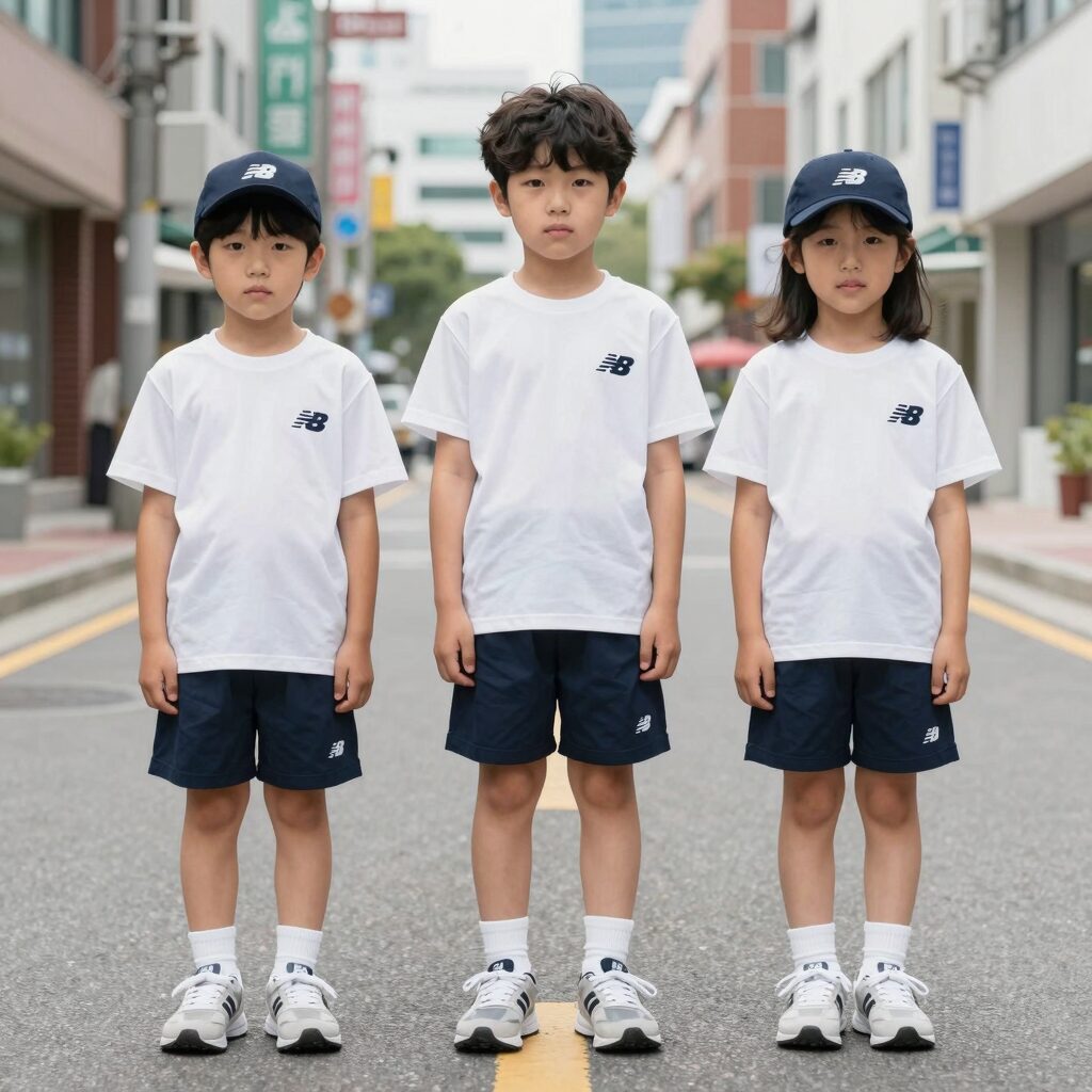 뉴발란스 키즈 래쉬가드 세트 티셔츠형과 모자 구성 사진