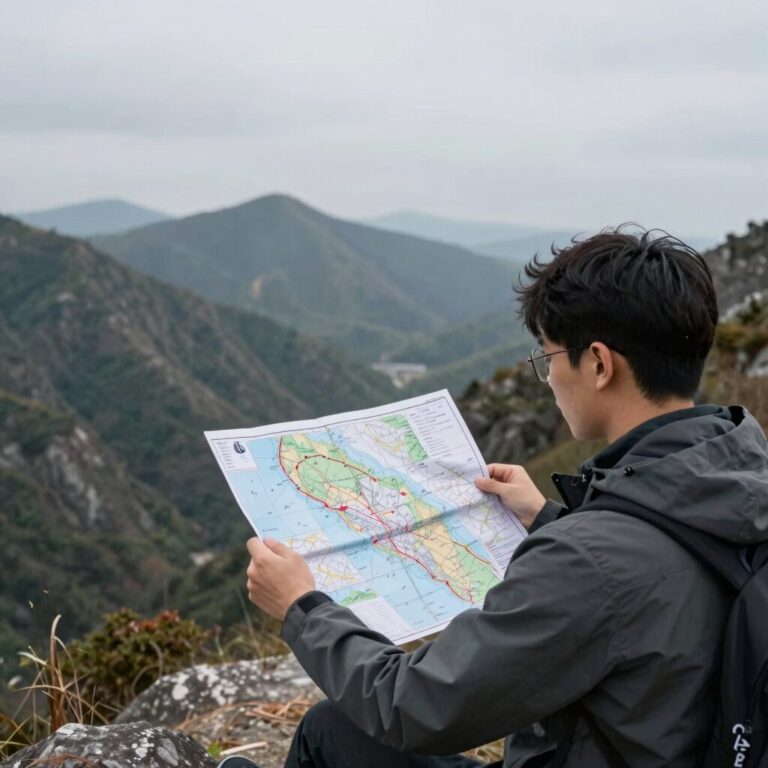노르웨이 지도와 함께하는 자동차 여행 풍경, 피오르드와 산맥이 보이는 전망대에서 지도를 펼쳐든 모습